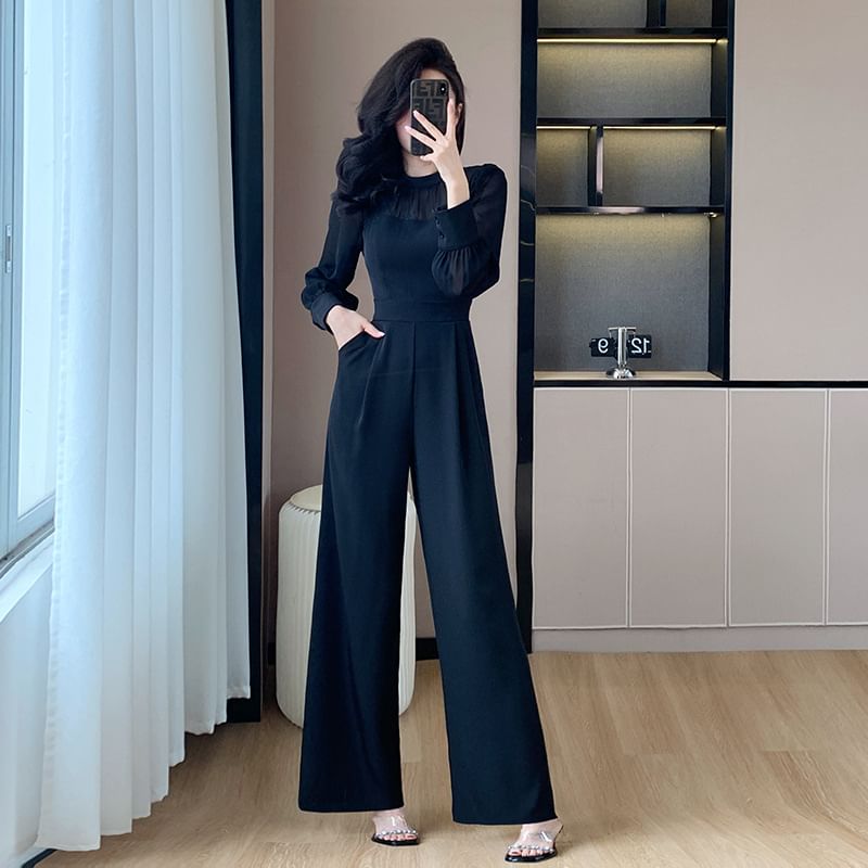 Long Sleeve Round Neck Two Tone Wide Leg Jumpsuit