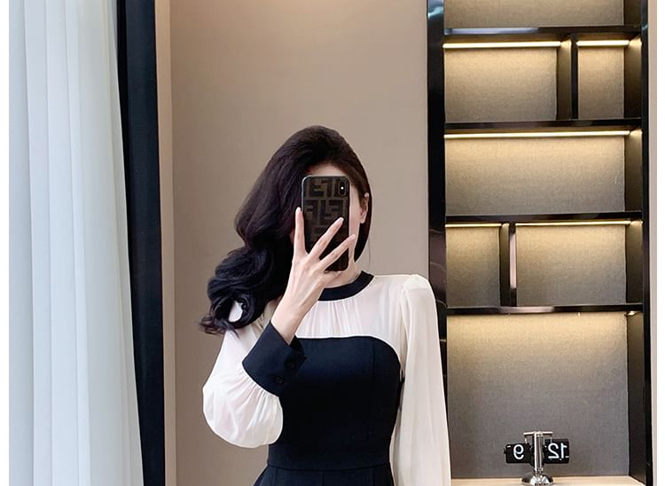 Long Sleeve Round Neck Two Tone Wide Leg Jumpsuit
