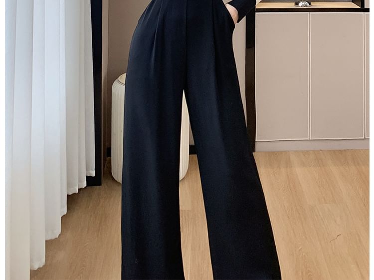 Long Sleeve Round Neck Two Tone Wide Leg Jumpsuit