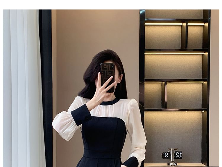 Long Sleeve Round Neck Two Tone Wide Leg Jumpsuit