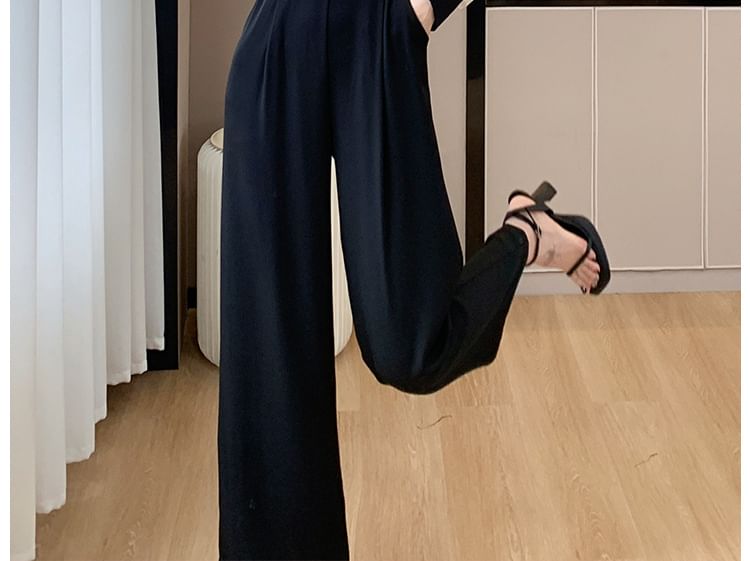 Long Sleeve Round Neck Two Tone Wide Leg Jumpsuit