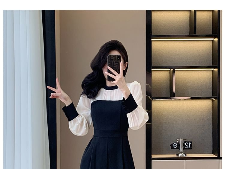Long Sleeve Round Neck Two Tone Wide Leg Jumpsuit
