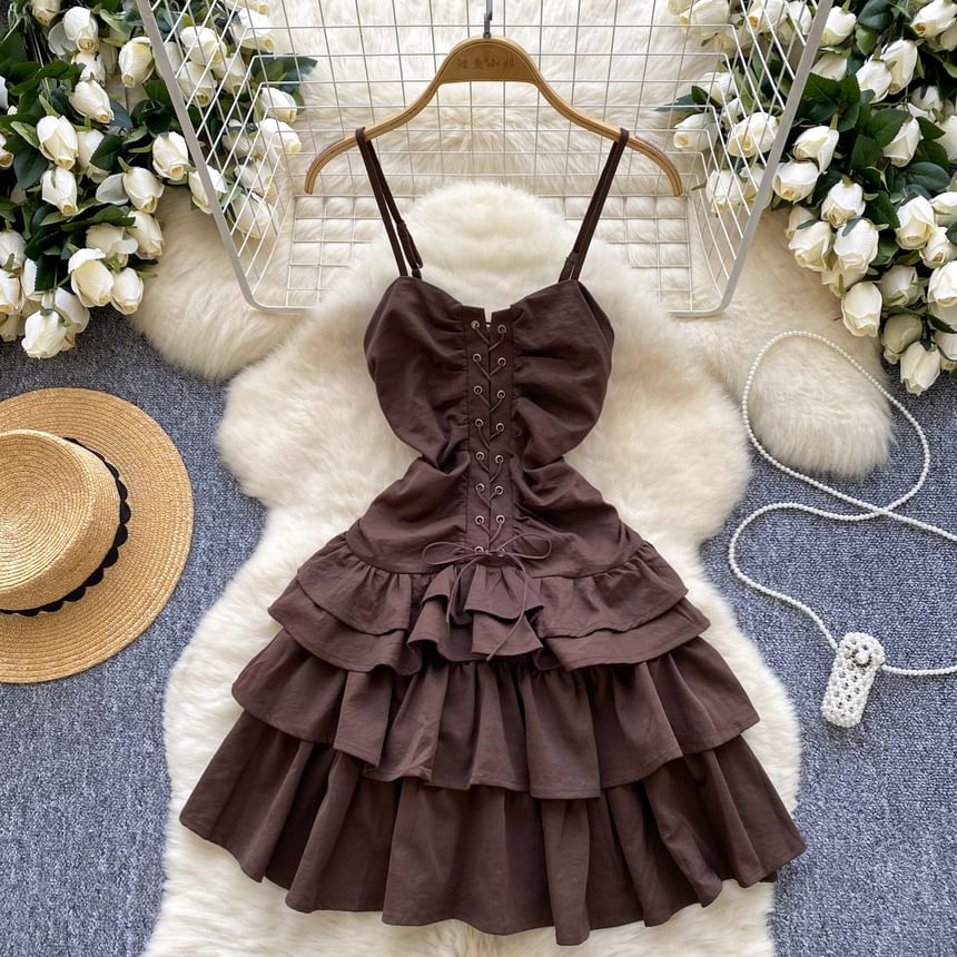 Spaghetti Strap Plain Ruffle Tiered Lace Up Mini A-Line Dress