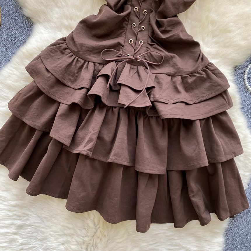 Spaghetti Strap Plain Ruffle Tiered Lace Up Mini A-Line Dress