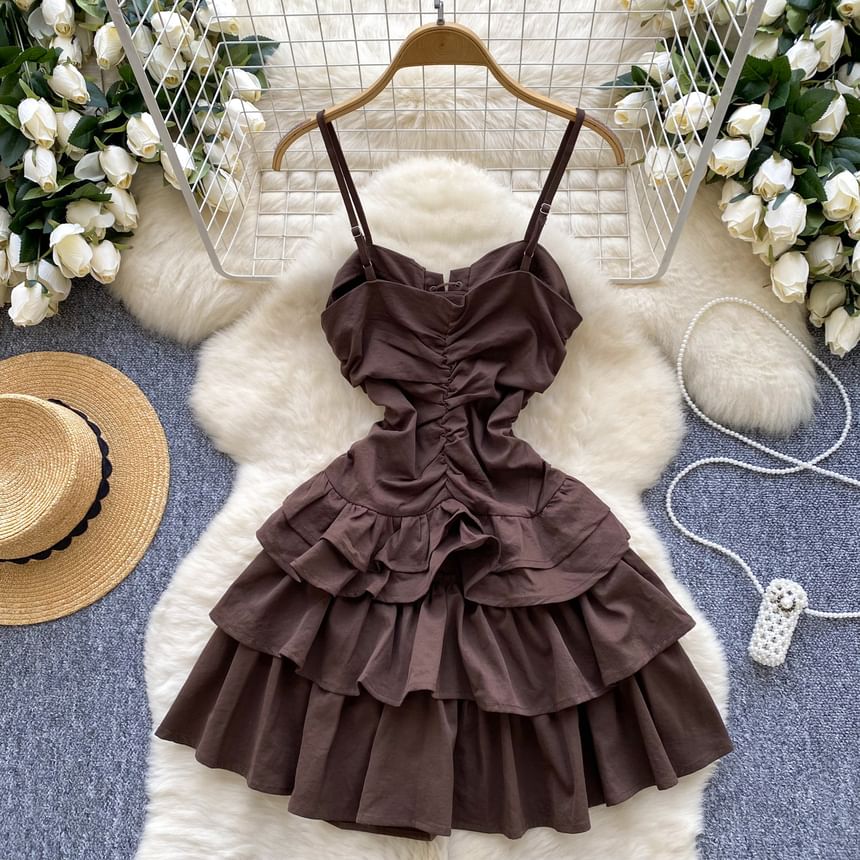 Spaghetti Strap Plain Ruffle Tiered Lace Up Mini A-Line Dress