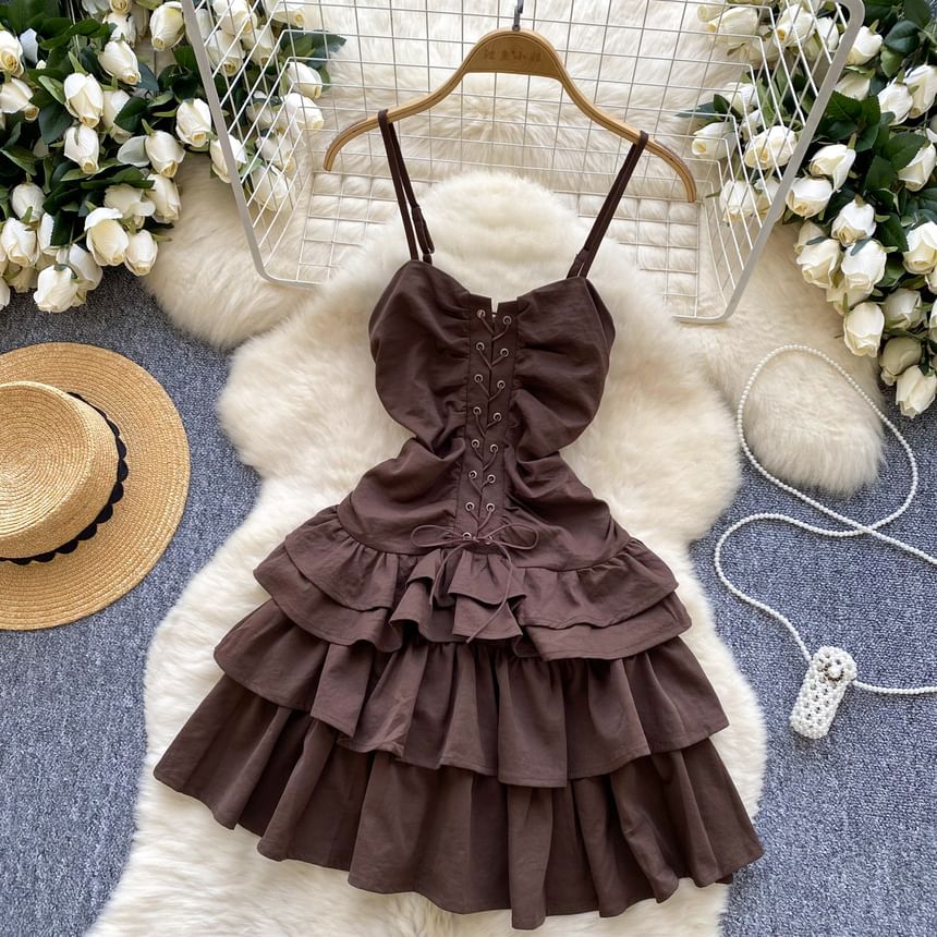 Spaghetti Strap Plain Ruffle Tiered Lace Up Mini A-Line Dress