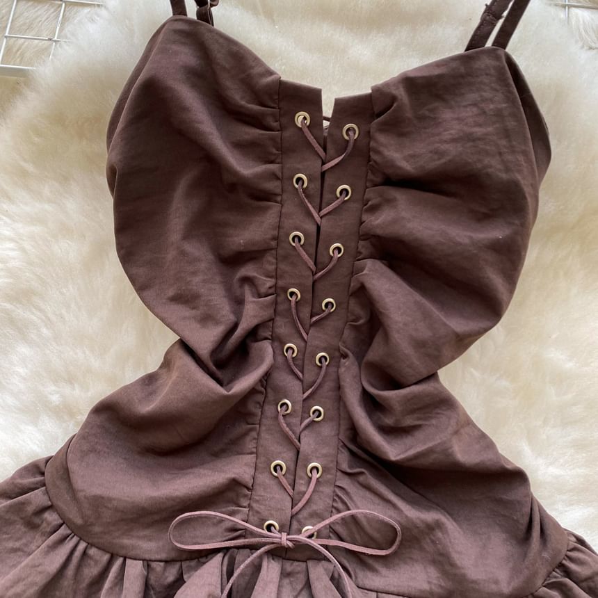 Spaghetti Strap Plain Ruffle Tiered Lace Up Mini A-Line Dress