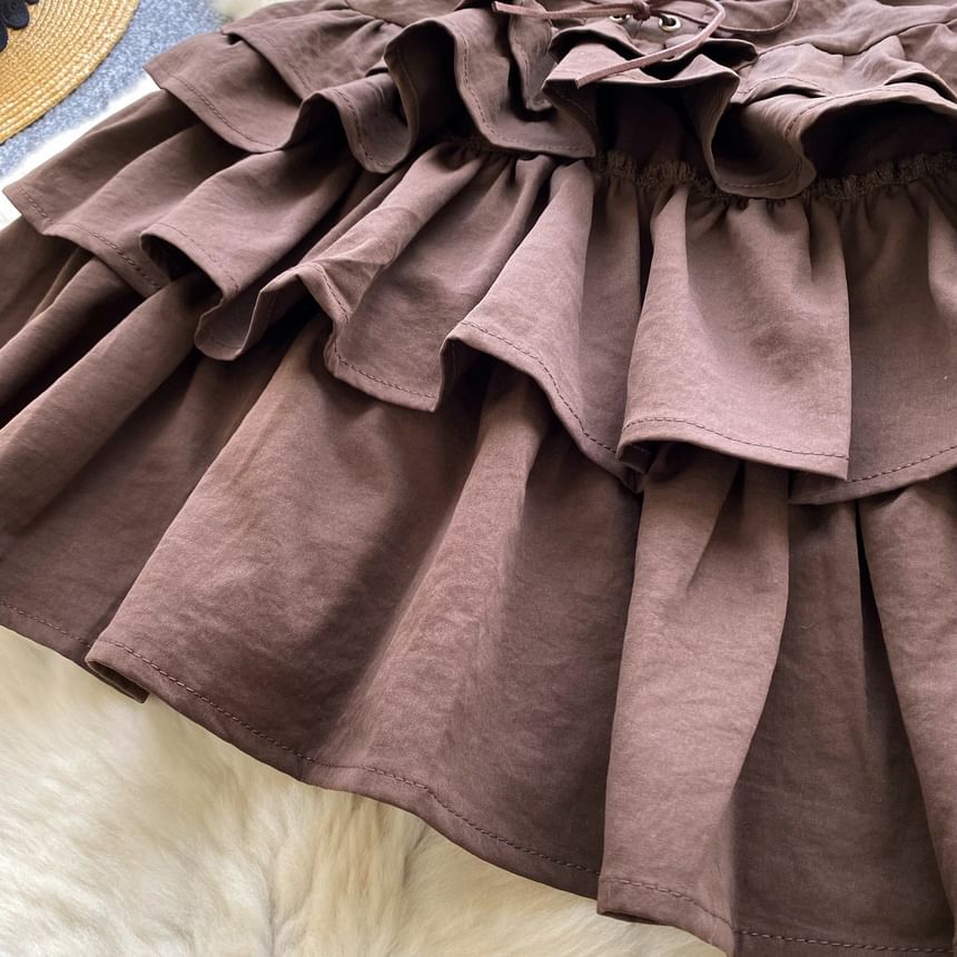 Spaghetti Strap Plain Ruffle Tiered Lace Up Mini A-Line Dress