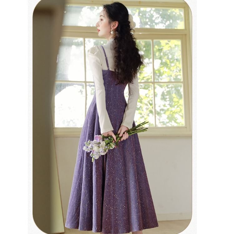 Set: Spaghetti Strap V-Neck Maxi A-Line Dress + Long-Sleeve Mock Neck Top