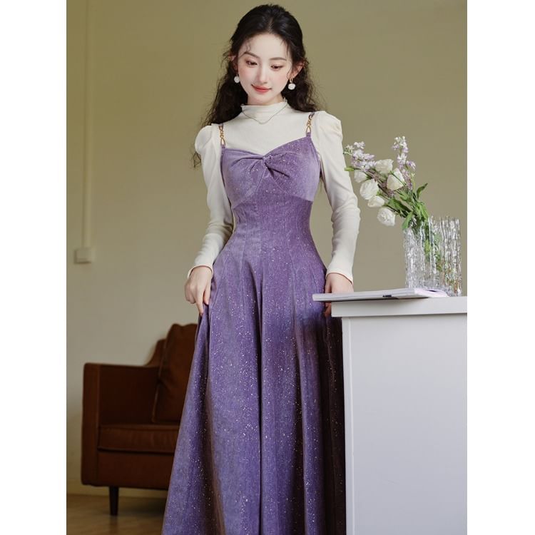 Set: Spaghetti Strap V-Neck Maxi A-Line Dress + Long-Sleeve Mock Neck Top