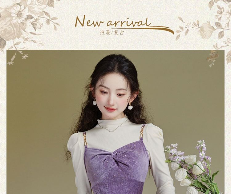 Set: Spaghetti Strap V-Neck Maxi A-Line Dress + Long-Sleeve Mock Neck Top