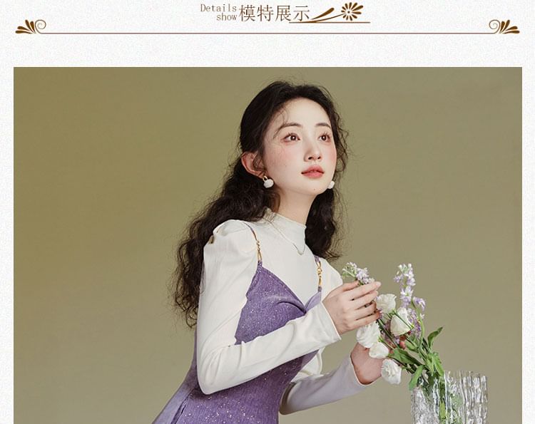 Set: Spaghetti Strap V-Neck Maxi A-Line Dress + Long-Sleeve Mock Neck Top