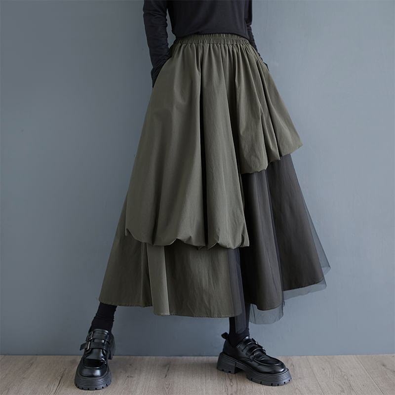 Elastic Waist Plain Mesh Panel Midi A-Line Skirt