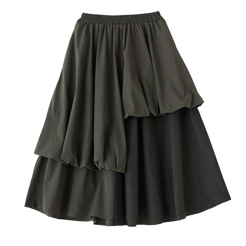 Elastic Waist Plain Mesh Panel Midi A-Line Skirt