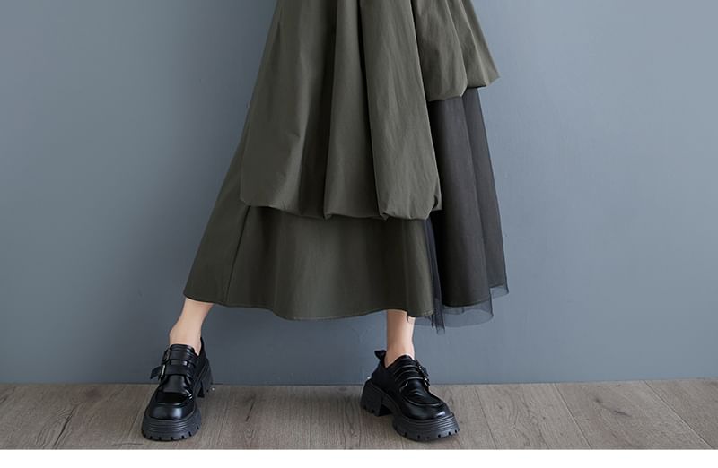 Elastic Waist Plain Mesh Panel Midi A-Line Skirt