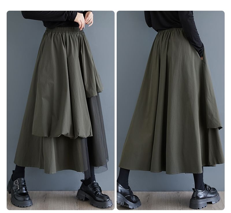 Elastic Waist Plain Mesh Panel Midi A-Line Skirt