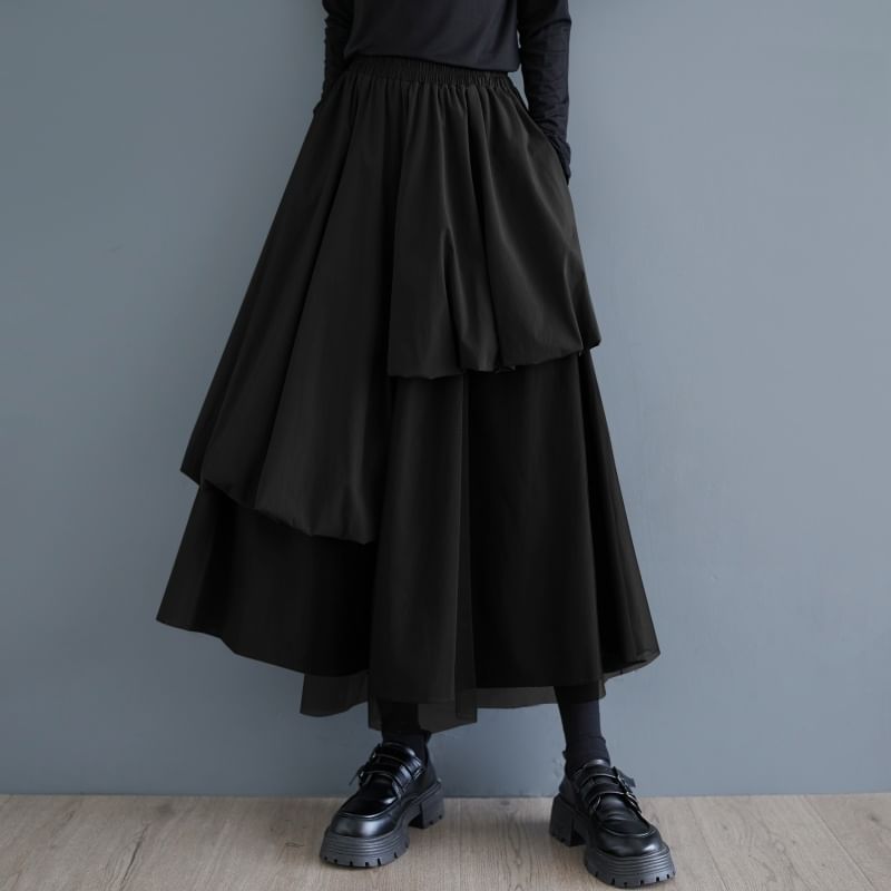 Elastic Waist Plain Mesh Panel Midi A-Line Skirt
