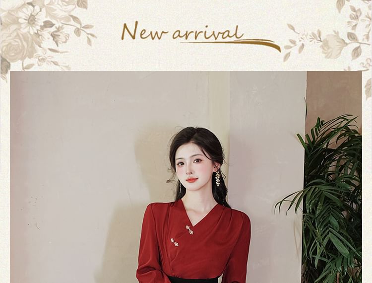 Set: Long-Sleeve V-Neck Plain Frog Button Blouse + High Rise Midi Pencil Skirt