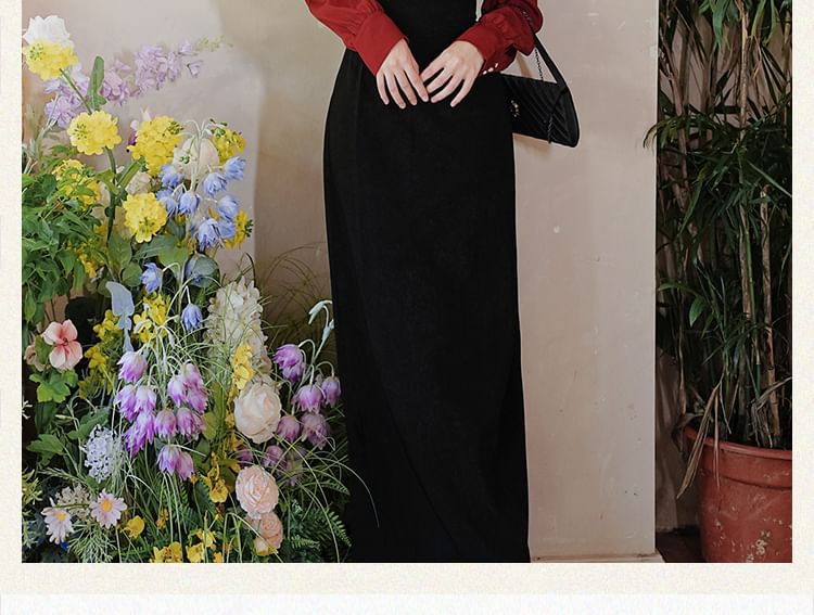 Set: Long-Sleeve V-Neck Plain Frog Button Blouse + High Rise Midi Pencil Skirt