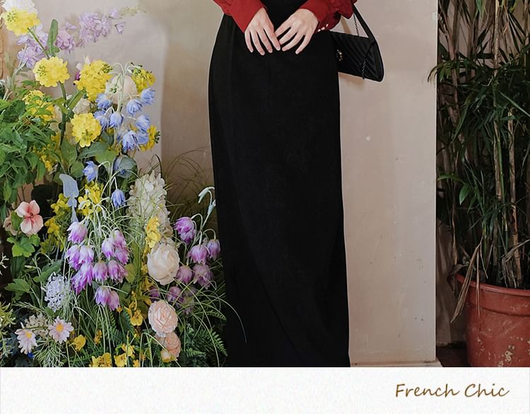 Set: Long-Sleeve V-Neck Plain Frog Button Blouse + High Rise Midi Pencil Skirt