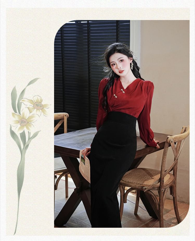 Set: Long-Sleeve V-Neck Plain Frog Button Blouse + High Rise Midi Pencil Skirt