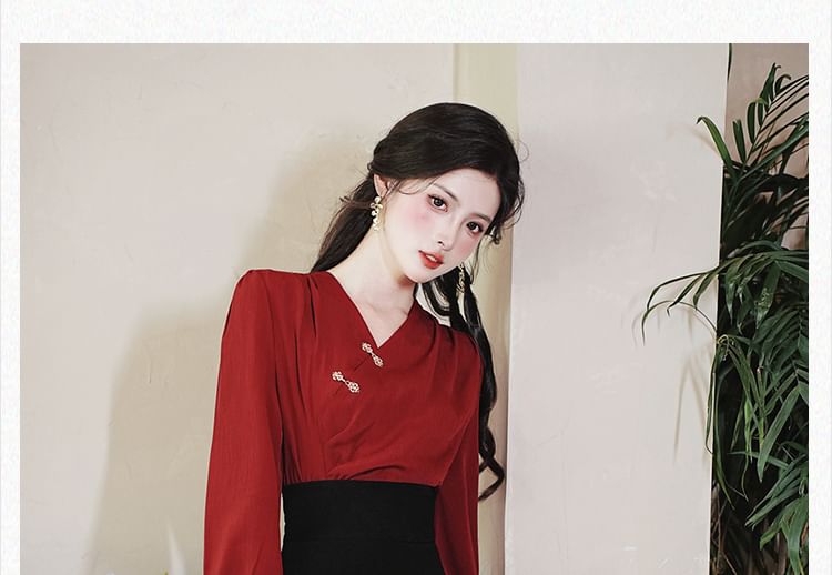 Set: Long-Sleeve V-Neck Plain Frog Button Blouse + High Rise Midi Pencil Skirt