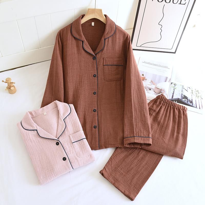 Pajama Set: Long-Sleeve Plain Top + Pants