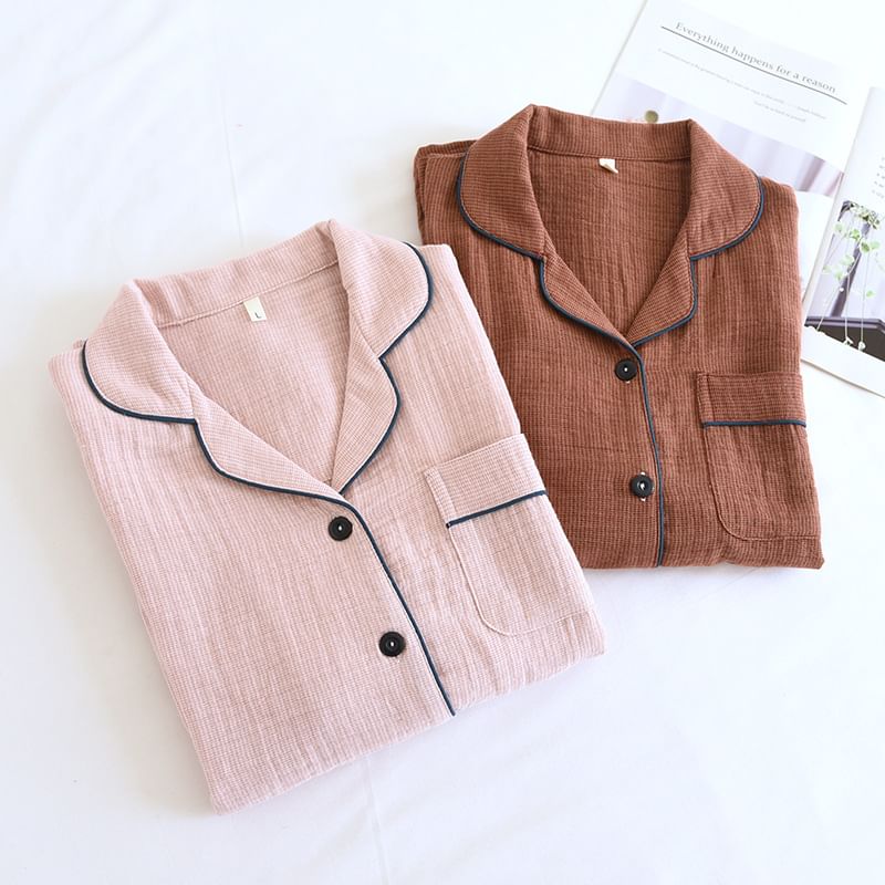 Pajama Set: Long-Sleeve Plain Top + Pants