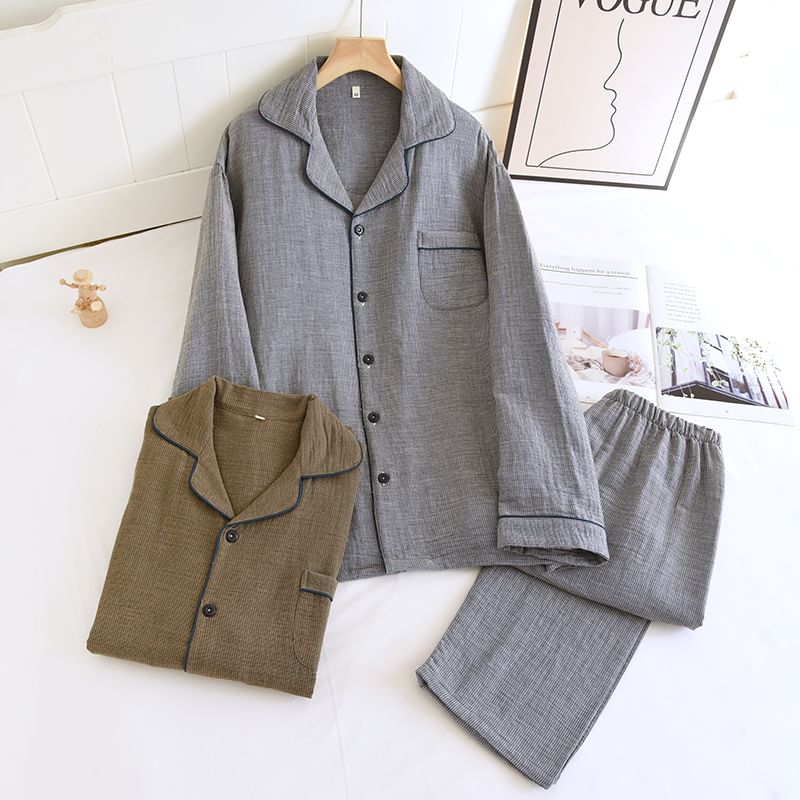 Pajama Set: Long-Sleeve Plain Top + Pants