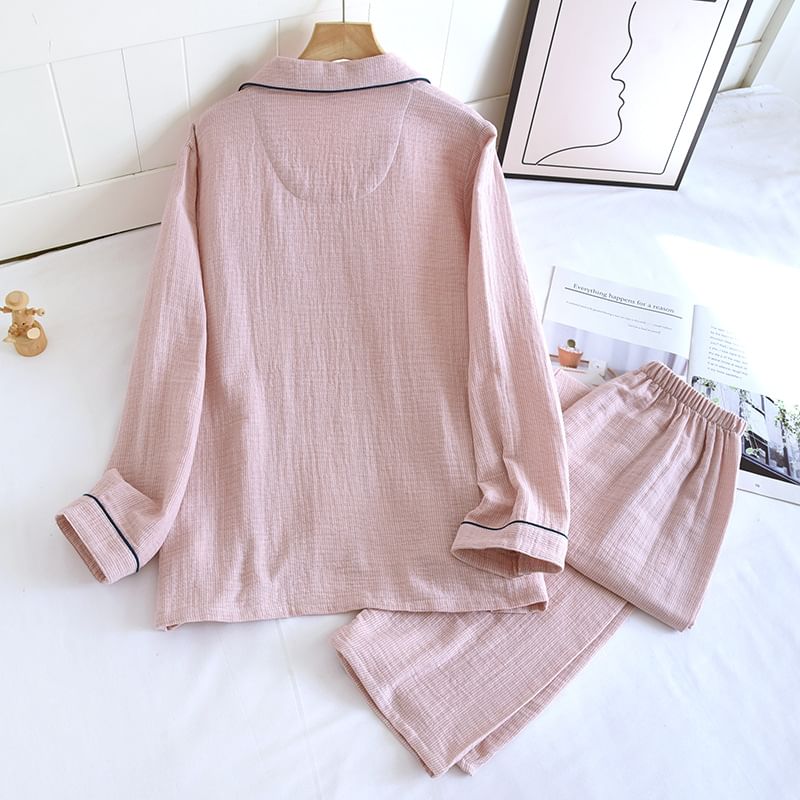 Pajama Set: Long-Sleeve Plain Top + Pants