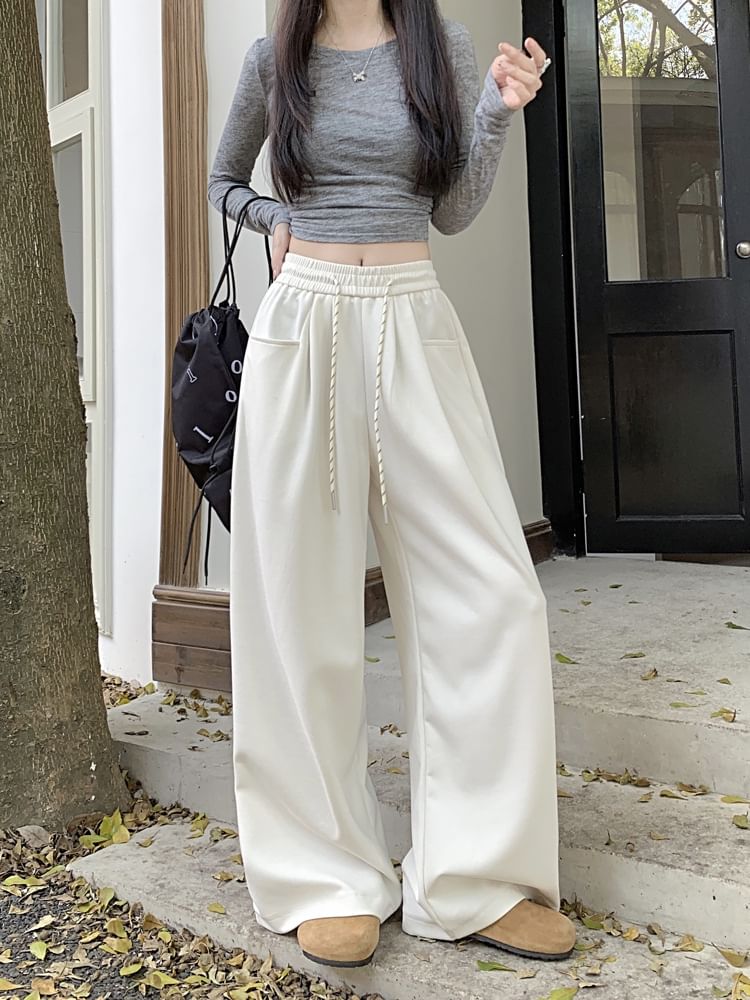Drawstring Waist Plain Wide Leg Sweatpants