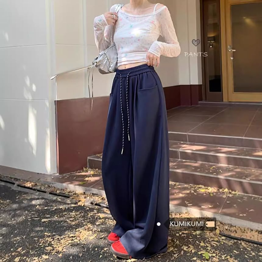 Drawstring Waist Plain Wide Leg Sweatpants