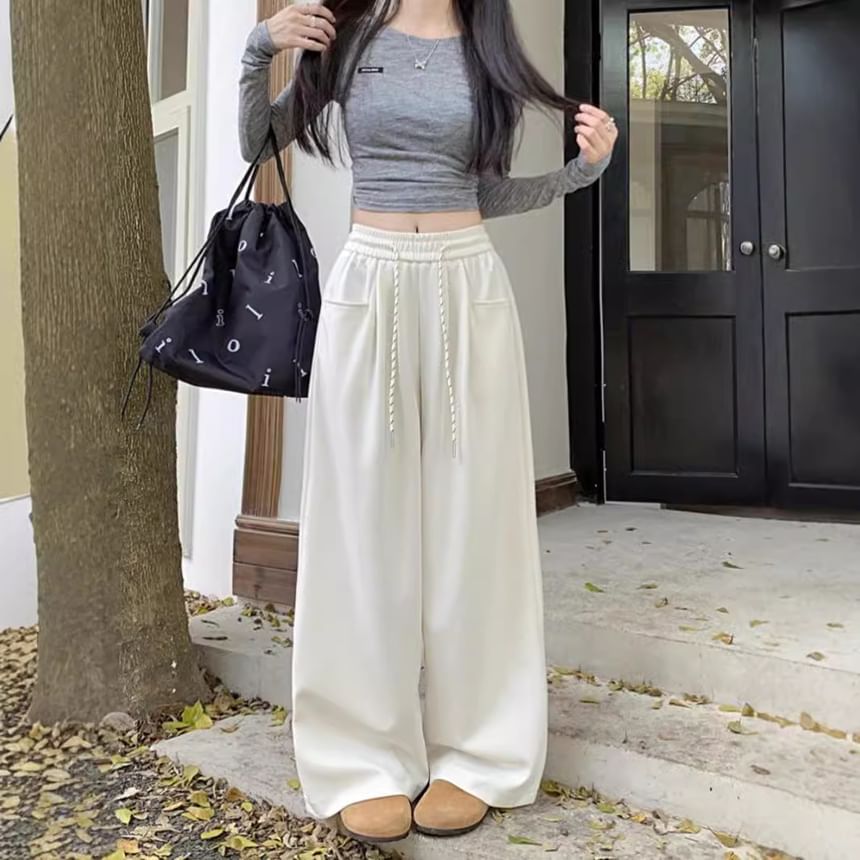Drawstring Waist Plain Wide Leg Sweatpants