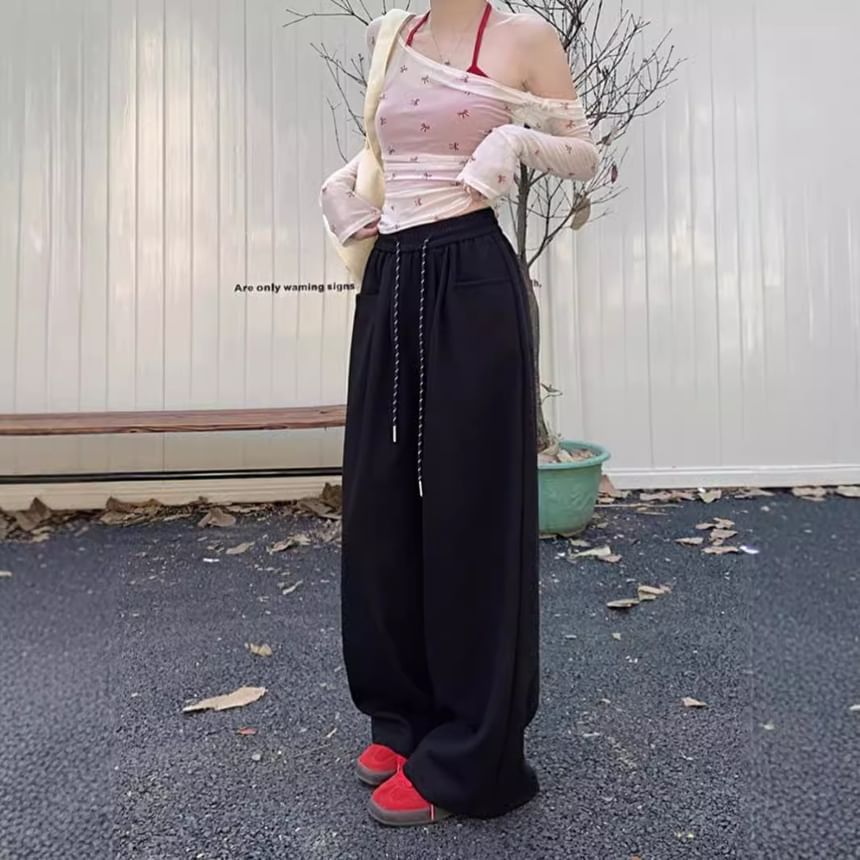 Drawstring Waist Plain Wide Leg Sweatpants