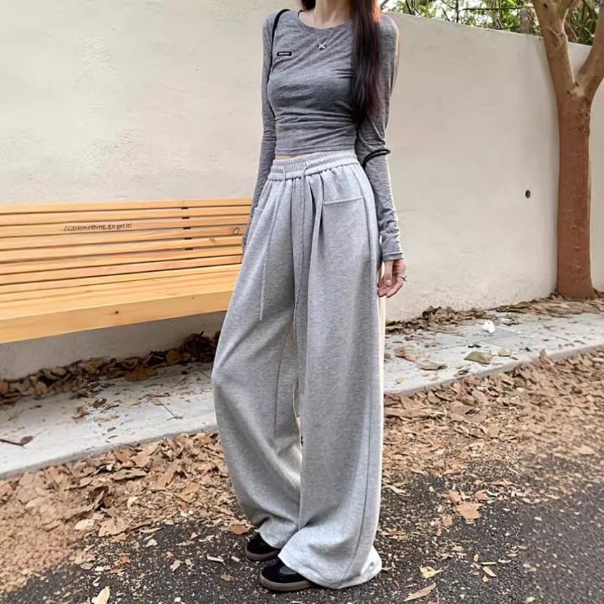 Drawstring Waist Plain Wide Leg Sweatpants