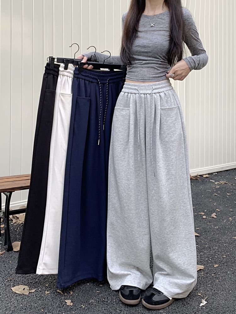 Drawstring Waist Plain Wide Leg Sweatpants