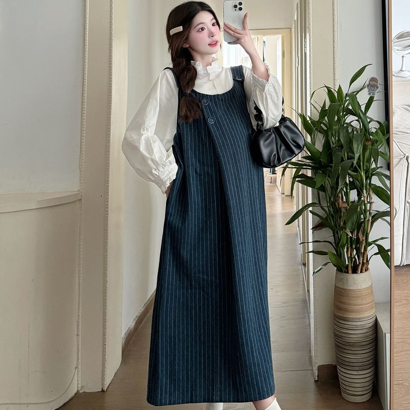 Maternity Washed Denim Striped Midi Dungaree Dress / Ruffle Trim Plain Blouse / Set