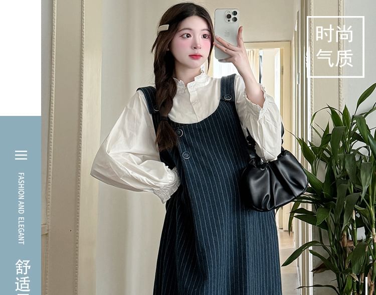 Maternity Washed Denim Striped Midi Dungaree Dress / Ruffle Trim Plain Blouse / Set