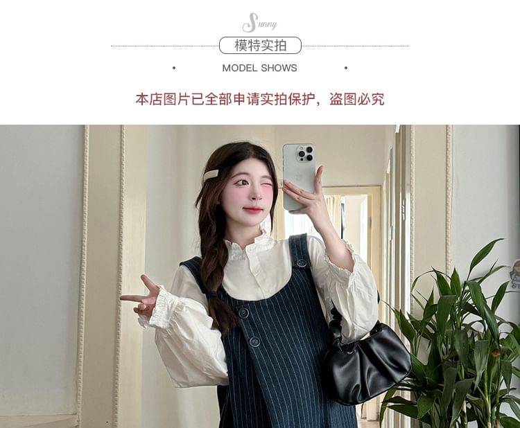 Maternity Washed Denim Striped Midi Dungaree Dress / Ruffle Trim Plain Blouse / Set