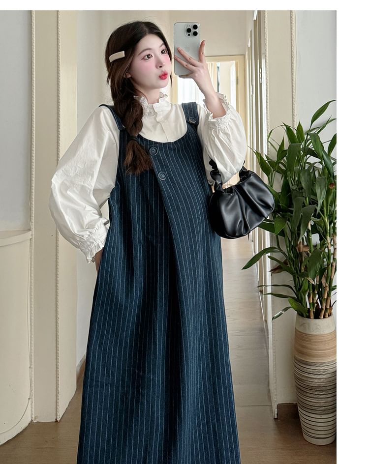 Maternity Washed Denim Striped Midi Dungaree Dress / Ruffle Trim Plain Blouse / Set