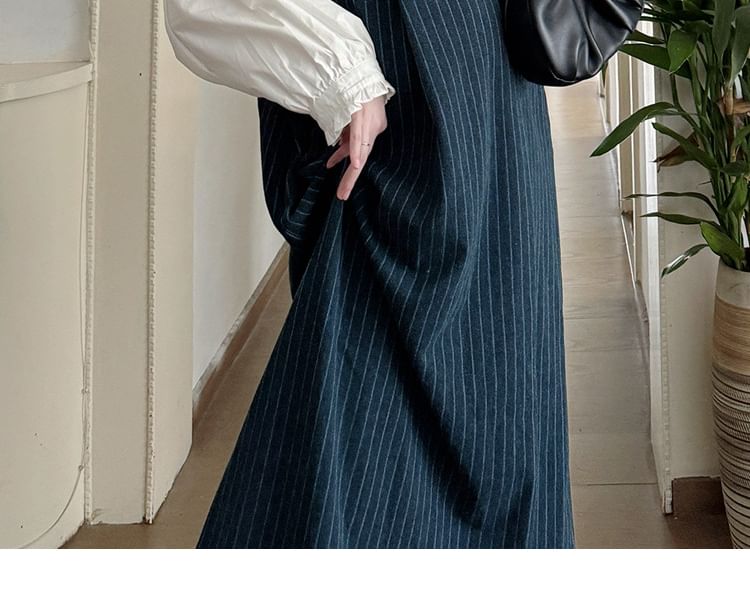 Maternity Washed Denim Striped Midi Dungaree Dress / Ruffle Trim Plain Blouse / Set