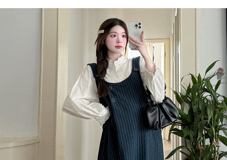 Maternity Washed Denim Striped Midi Dungaree Dress / Ruffle Trim Plain Blouse / Set
