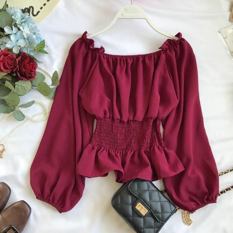 Puff-Sleeve Plain Ruffle Peplum Blouse
