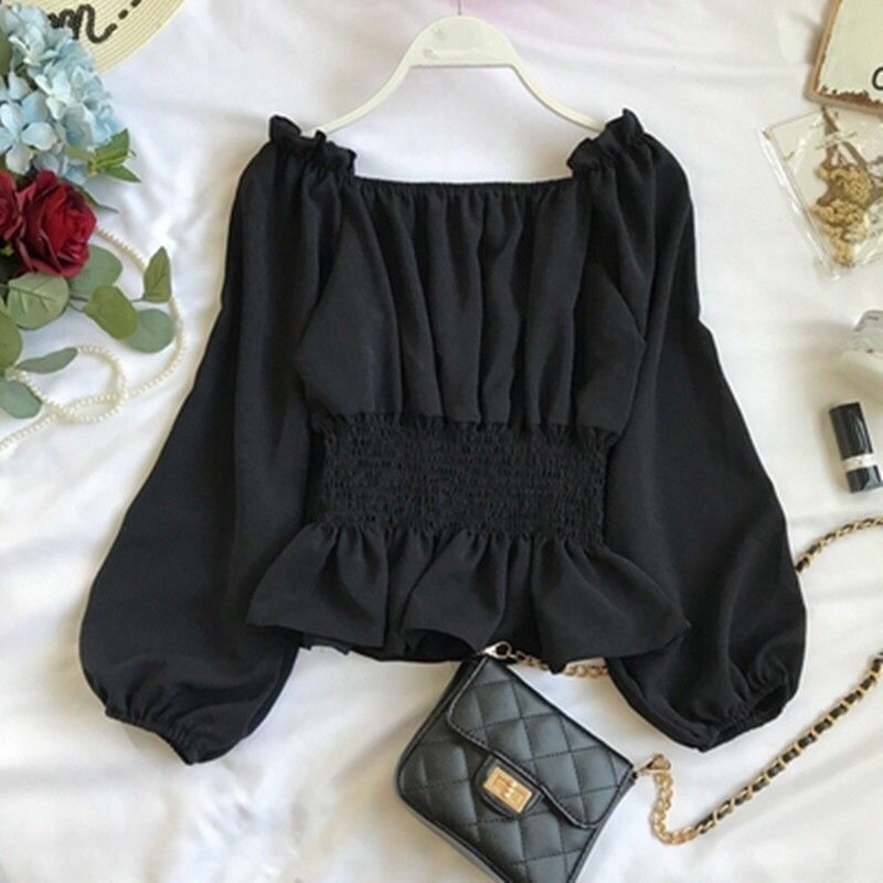 Puff-Sleeve Plain Ruffle Peplum Blouse