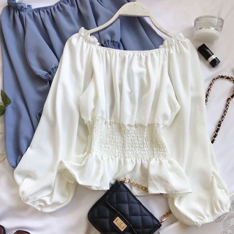 Puff-Sleeve Plain Ruffle Peplum Blouse