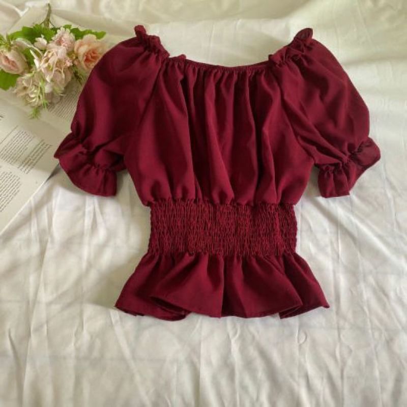 Puff-Sleeve Plain Ruffle Peplum Blouse