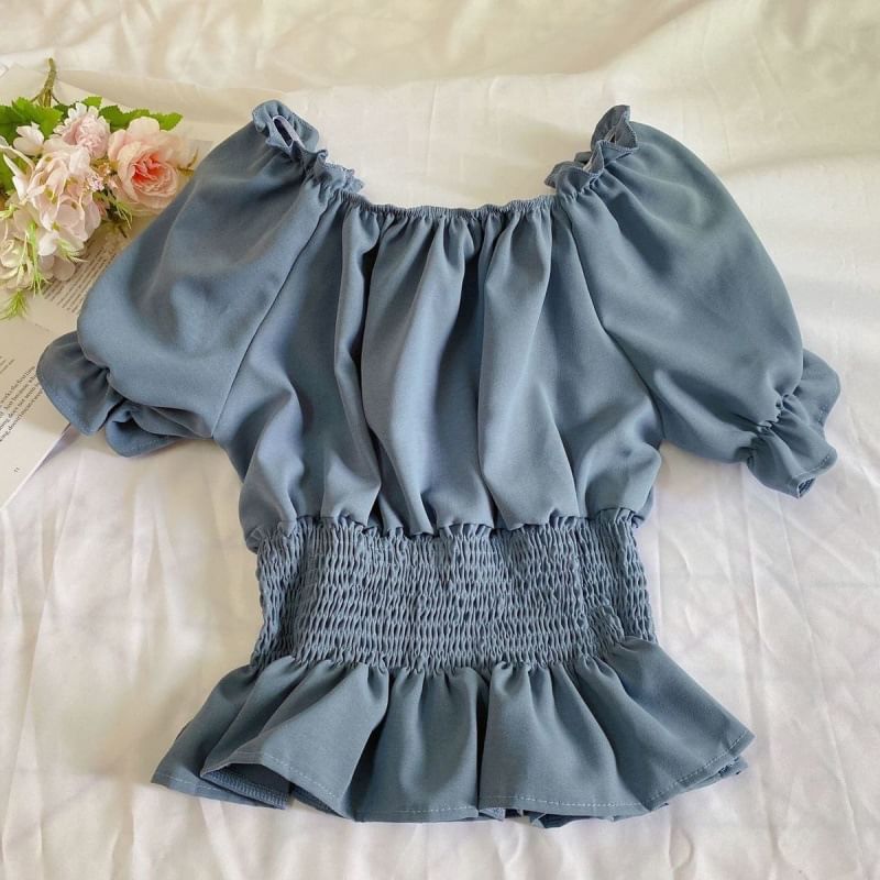 Puff-Sleeve Plain Ruffle Peplum Blouse