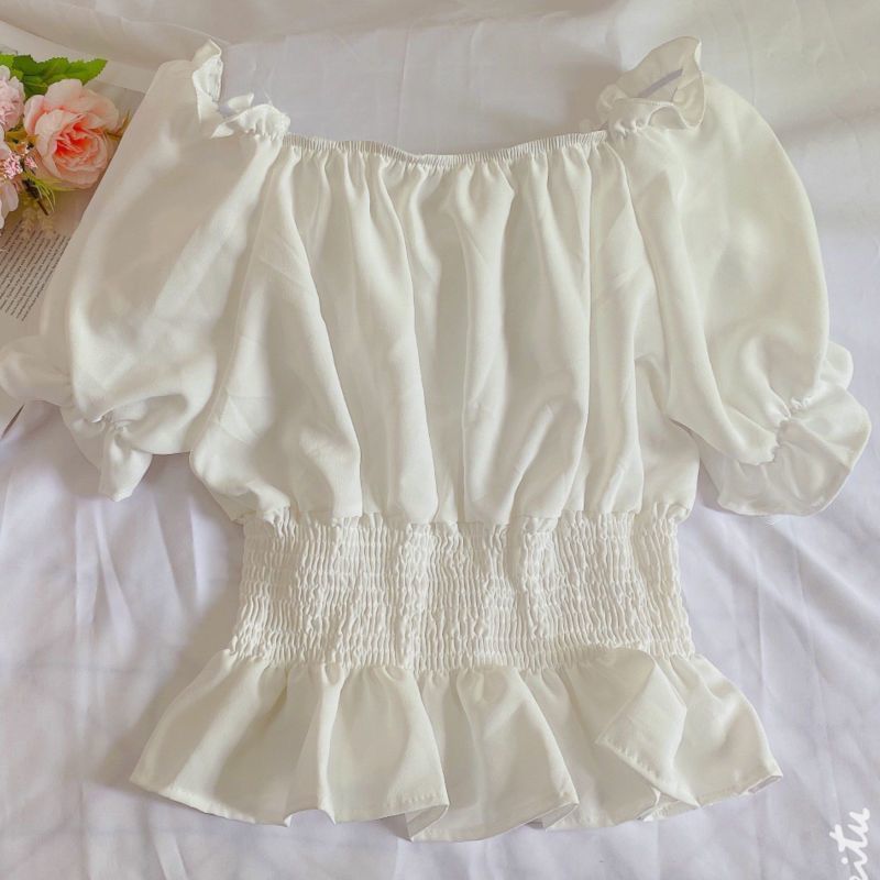 Puff-Sleeve Plain Ruffle Peplum Blouse