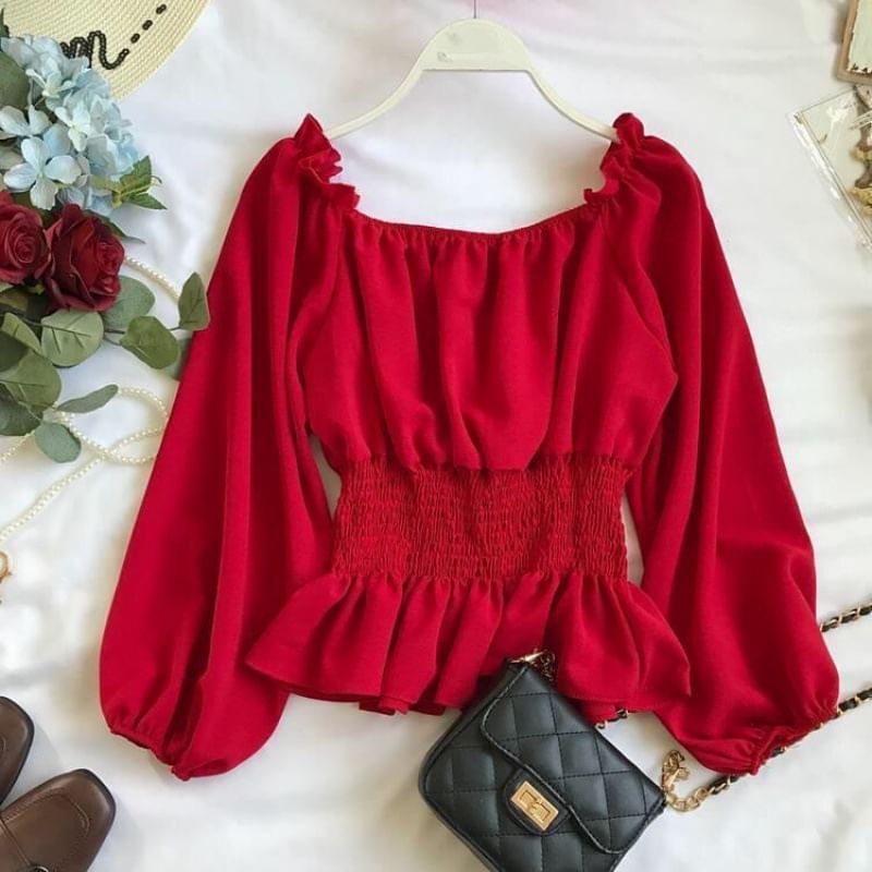 Puff-Sleeve Plain Ruffle Peplum Blouse