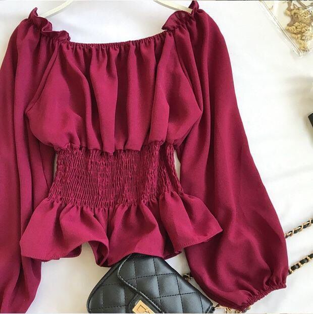 Puff-Sleeve Plain Ruffle Peplum Blouse